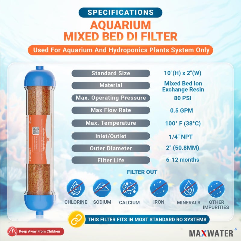 Max Water 10" Refillable Mixed Bed Ion Exchange Aquarium Filter for High TDS Water, RO DI Resin Refillable Housing with Clamps &Fittings, Compatible with 10" Aquarium Reverse Osmosis Water Filtration Systems - Image 3